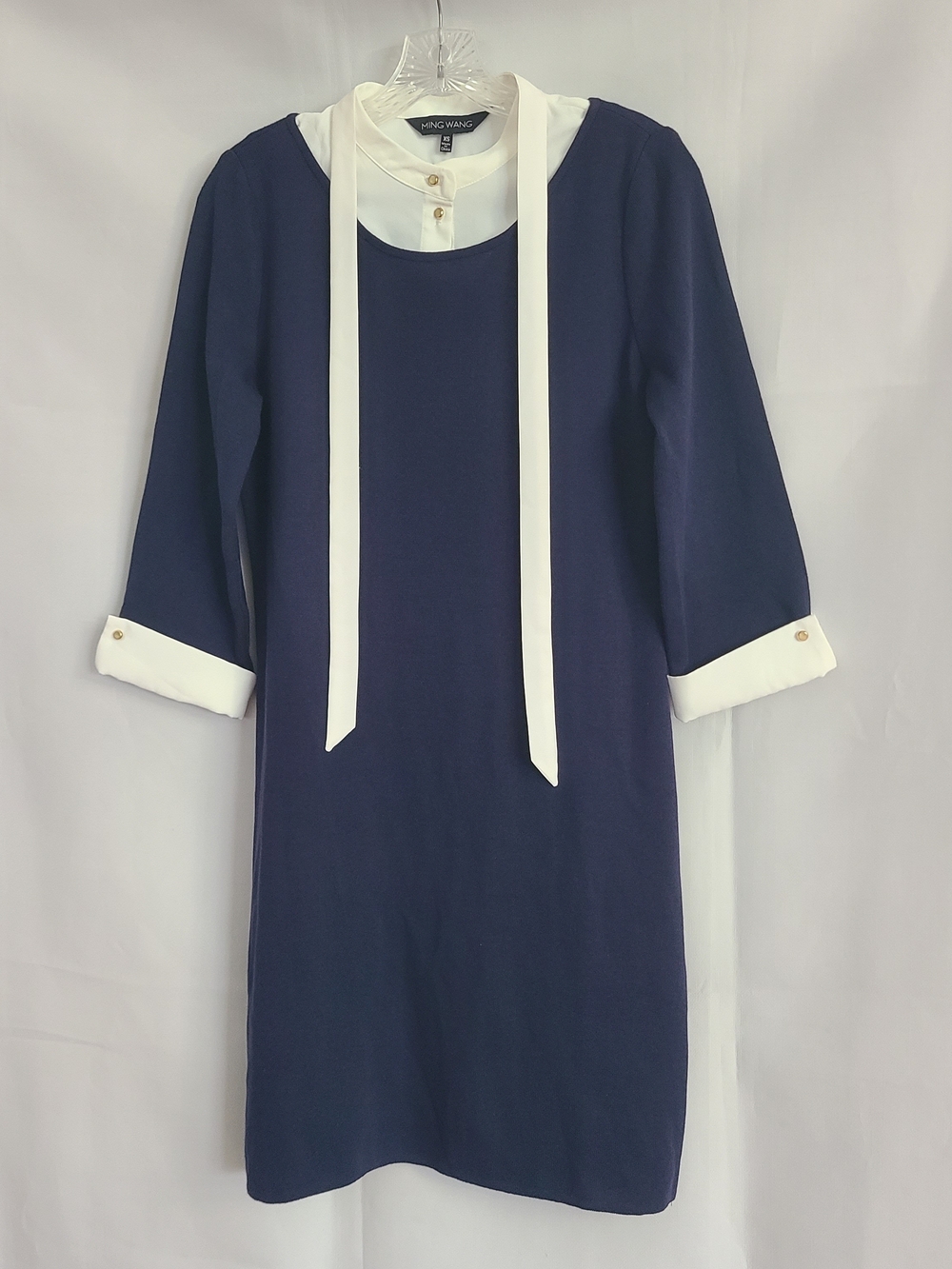 Ming Wang Sz XS Navy White Preppy Coastal Nautical Fitted Neck Tie Sweater Dress